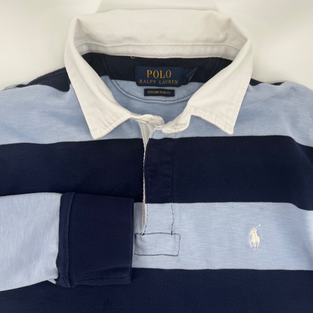 Polo Ralph Lauren Mens Custom Slim Fit Rugby Shirt Navy Blue Striped Size M - Picture 2 of 8